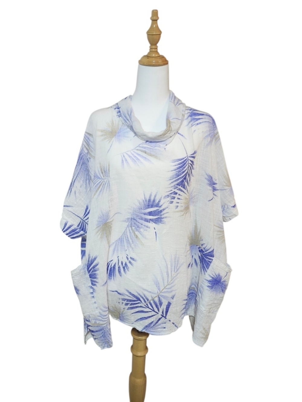 100% Italian Linen Tropical Leaf Print Cowl Neck Top in Blue & Beige By Diverse